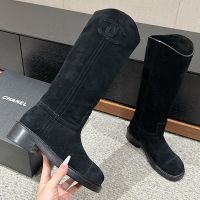 Chanel High Boots with Logo Patch Women Suede Black