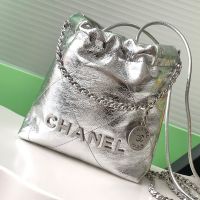 Chanel AS3980 Mini 22 Hobo Bag with Chanel Letters in Shiny Calfskin Silver