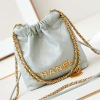 Chanel AS3980 Mini 22 Hobo Bag with Double Crossbody Strap in Shiny Calfskin Sky Blue