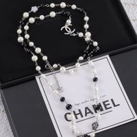 Chanel Pearl Necklace with Pearl Camellia in Metal Black/White