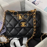 Chanel AS4274 Flap Shoulder Bag with Ring Badge in Shiny Calfskin Black