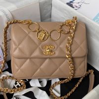 Chanel AS4274 Flap Shoulder Bag with Ring Badge in Shiny Calfskin Brown