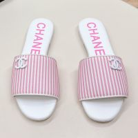 Chanel Slides with Enamel Logo Women Striped Canvas Pink