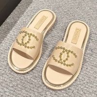 Chanel Slides with Metal Pearl Logo Women Lambskin Khaki