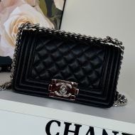 Boy Chanel A67085 Small Handbag with Ruthenium Finish Logo in Texture Calfskin Black/Silver