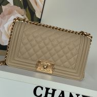 Boy Chanel A67086 Handbag with Ruthenium Finish Logo in Texture Calfskin Apricot
