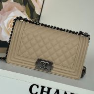 Boy Chanel A67086 Handbag with Ruthenium Finish Logo in Texture Calfskin Apricot/Grey
