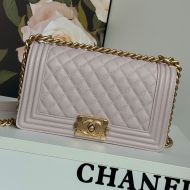 Boy Chanel A67086 Handbag with Ruthenium Finish Logo in Texture Calfskin Beige/Gold