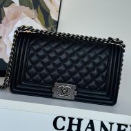 Boy Chanel A67086 Handbag with Ruthenium Finish Logo in Texture Calfskin Black/Grey