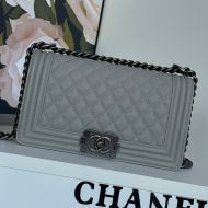 Boy Chanel A67086 Handbag with Ruthenium Finish Logo in Texture Calfskin Grey