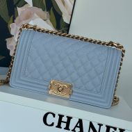 Boy Chanel A67086 Handbag with Ruthenium Finish Logo in Texture Calfskin Light Blue