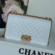 Boy Chanel A67086 Handbag with Ruthenium Finish Logo in Texture Calfskin White