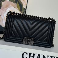 Boy Chanel A67086 Handbag with Ruthenium Finish Logo in V-Type Texture Calfskin All Black