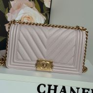 Boy Chanel A67086 Handbag with Ruthenium Finish Logo in V-Type Texture Calfskin Beige