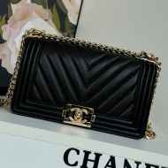 Boy Chanel A67086 Handbag with Ruthenium Finish Logo in V-Type Texture Calfskin Black