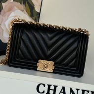 Boy Chanel A67086 Handbag with Ruthenium Finish Logo in V-Type Texture Calfskin Black/Gold