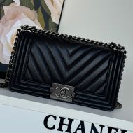 Boy Chanel A67086 Handbag with Ruthenium Finish Logo in V-Type Texture Calfskin Black/Grey