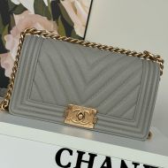 Boy Chanel A67086 Handbag with Ruthenium Finish Logo in V-Type Texture Calfskin Grey