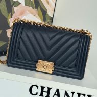 Boy Chanel A67086 Handbag with Ruthenium Finish Logo in V-Type Texture Calfskin Navy Blue
