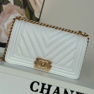 Boy Chanel A67086 Handbag with Ruthenium Finish Logo in V-Type Texture Calfskin White