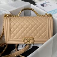 Boy Chanel A94804 Flap Bag with Handle in Grained Shiny Calfskin Apricot