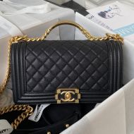 Boy Chanel A94804 Flap Bag with Handle in Grained Shiny Calfskin Black