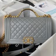Boy Chanel A94804 Flap Bag with Handle in Grained Shiny Calfskin Grey