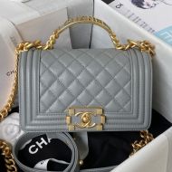 Boy Chanel A94805 Handbag with Handle in Grained Shiny Calfskin Grey