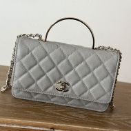 Chanel 66008 Clutch with Metal Enamel Handle in Grained Calfskin Grey