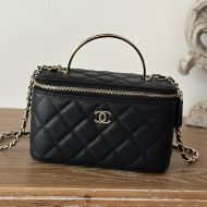Chanel 66009 Cosmetic Bag with Metal Enamel Handle in Grained Calfskin Black