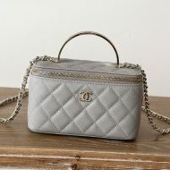 Chanel 66009 Cosmetic Bag with Metal Enamel Handle in Grained Calfskin Grey