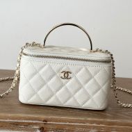 Chanel 66009 Cosmetic Bag with Metal Enamel Handle in Grained Calfskin White