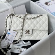 Chanel A01113 Classic Handbag with Woven Chain Strap in Grained Calfskin White
