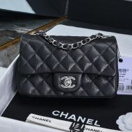 Chanel A01116 Mini Classic Flap Bag with Chain Strap in Grained Calfskin Black/Silver