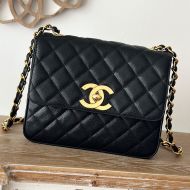 Chanel A2218 Medium Classic Flap Bag with Chain Strap in Texture Calfskin Black
