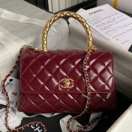 Chanel A92990 Coco Handbag with Metal Handle in Shiny Calfskin Burgundy