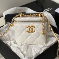 Chanel AP2292 Cosmetic Bag with Double Golden Ball in Lambskin White