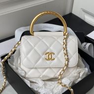 Chanel AP3485 Flap Phone Holder with Metal Handle in Shiny Lambskin White