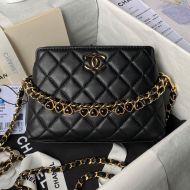 Chanel AP3787 Hobo Shoulder Bag with Enamel Heart Chain in Lambskin Black