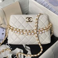 Chanel AP3787 Hobo Shoulder Bag with Enamel Heart Chain in Lambskin White