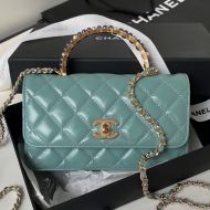 Chanel AP3803 Wallet with Pearls Handle in Shiny Calfskin Green