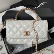 Chanel AP3803 Wallet with Pearls Handle in Shiny Calfskin White