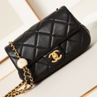 Chanel AP3804 Classic Flap Bag with Pearl Balls Chain in Lambskin Black
