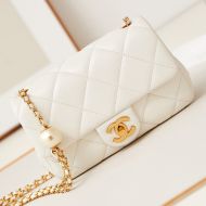 Chanel AP3804 Classic Flap Bag with Pearl Balls Chain in Lambskin White