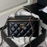 Chanel AP3956 Cosmetic Bag with Pearl Handle in Lambskin Black