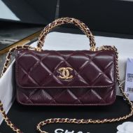 Chanel AP4167 Flap Phone Holder with Braided Handle in Shiny Lambskin Burgundy