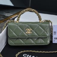 Chanel AP4167 Flap Phone Holder with Braided Handle in Shiny Lambskin Green