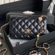 Chanel AP4282 Wallet with Pearl Letters Chain in Shiny Lambskin Black
