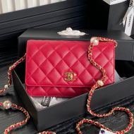 Chanel AP4282 Wallet with Pearl Letters Chain in Shiny Lambskin Red