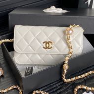 Chanel AP4284 Flap Phone Holder with Pearl Letters Chain in Shiny Lambskin Beige